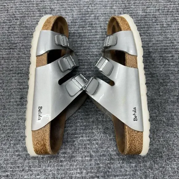 Betula Birkenstock Leo Sandals Womens 39/ 8-8.5 Silver Metal Buckle 3 Strap - Picture 5 of 10